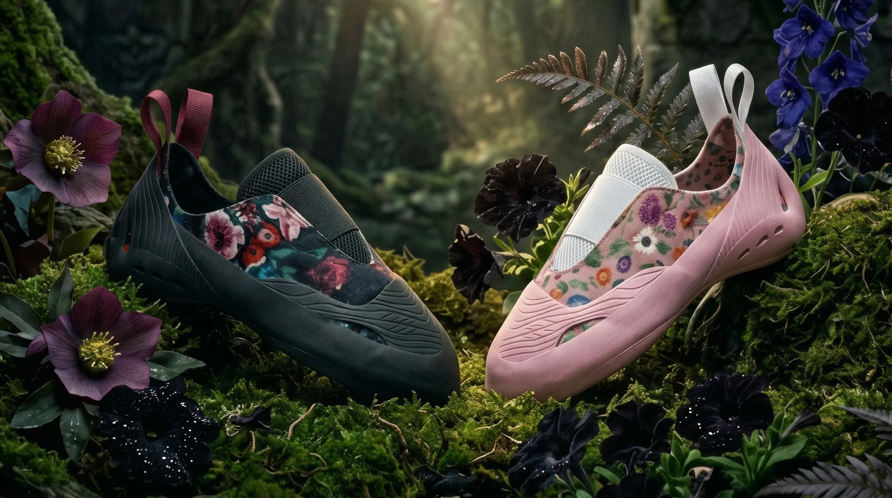 Dark floral and pink floral Bloom climbing shoes on moss among flowers