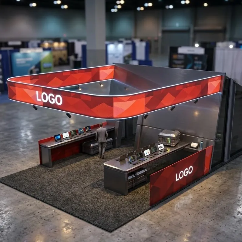 Angular red canopy booth with geometric branding