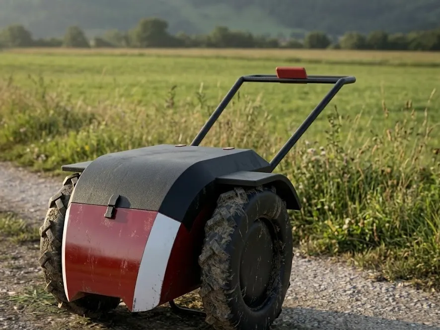 E-kuliglig on a dirt path beside a rice field