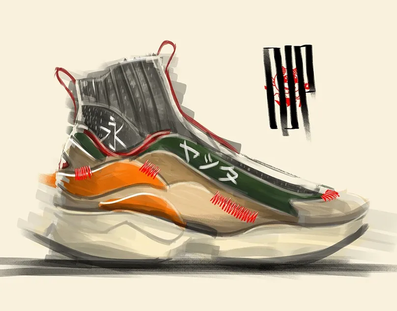 Painterly concept sketch of a high-top sneaker with Japanese-inspired graphics