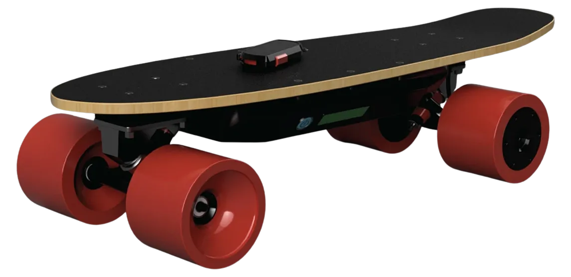 Electric skateboard with a black deck and red wheels