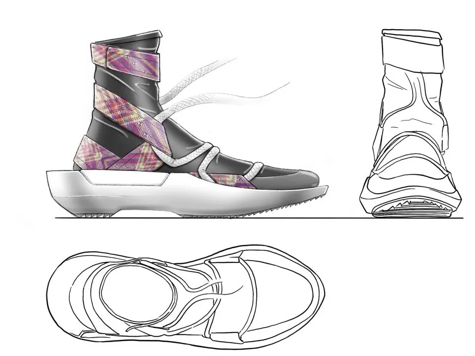 Color concept sketch of BIGWASI from the side, front and top, with woven straps and rope laces