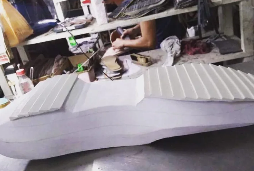 Shaped EVA sole block on the workbench