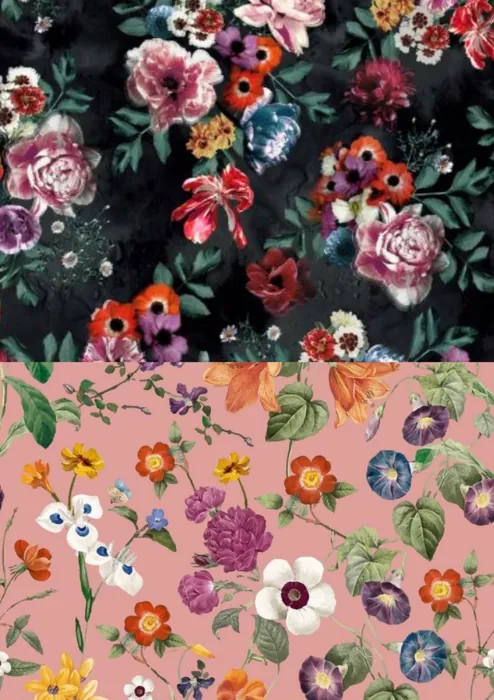 Floral textile prints in dark and pink