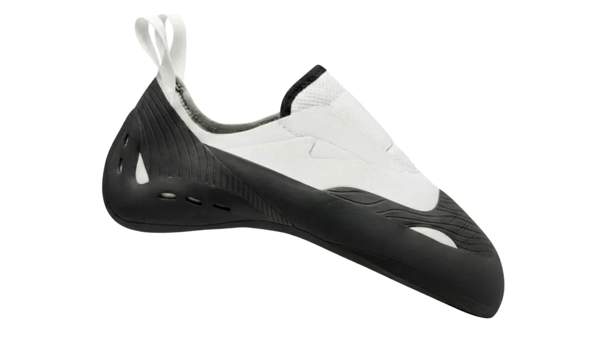 Black and white climbing shoe render generated from the line sketch