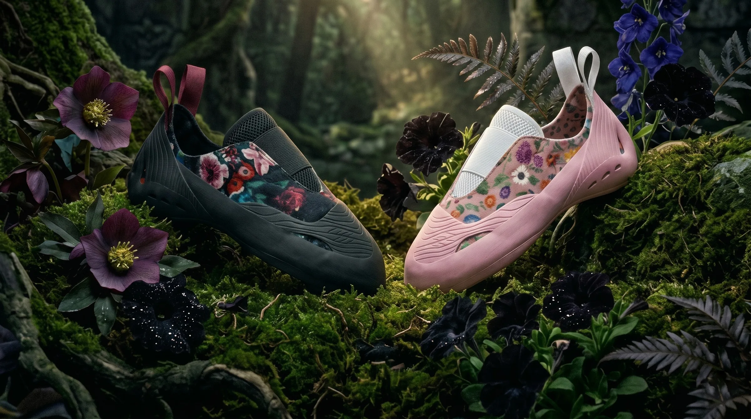 Dark floral and pink floral Bloom climbing shoes on moss among flowers