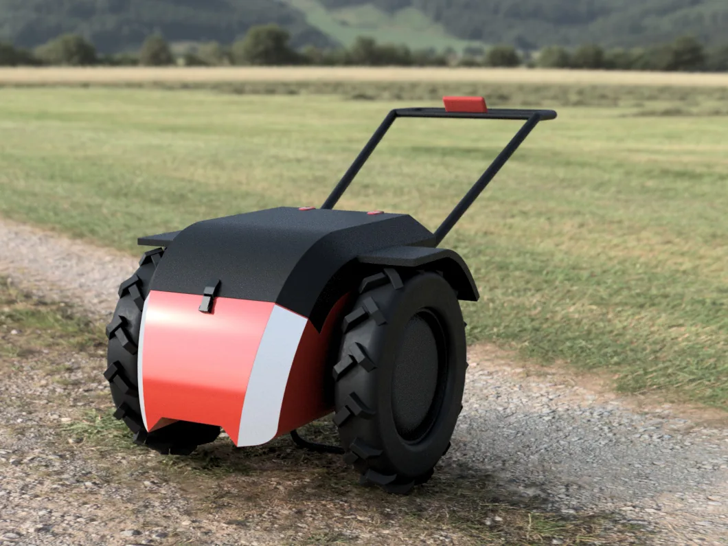 E-kuliglig with rubber tires on a dirt path beside a rice field