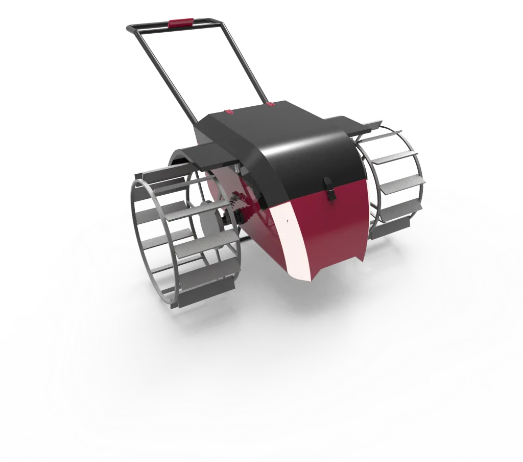 Render of the first version with steel cage wheels and a black and maroon body
