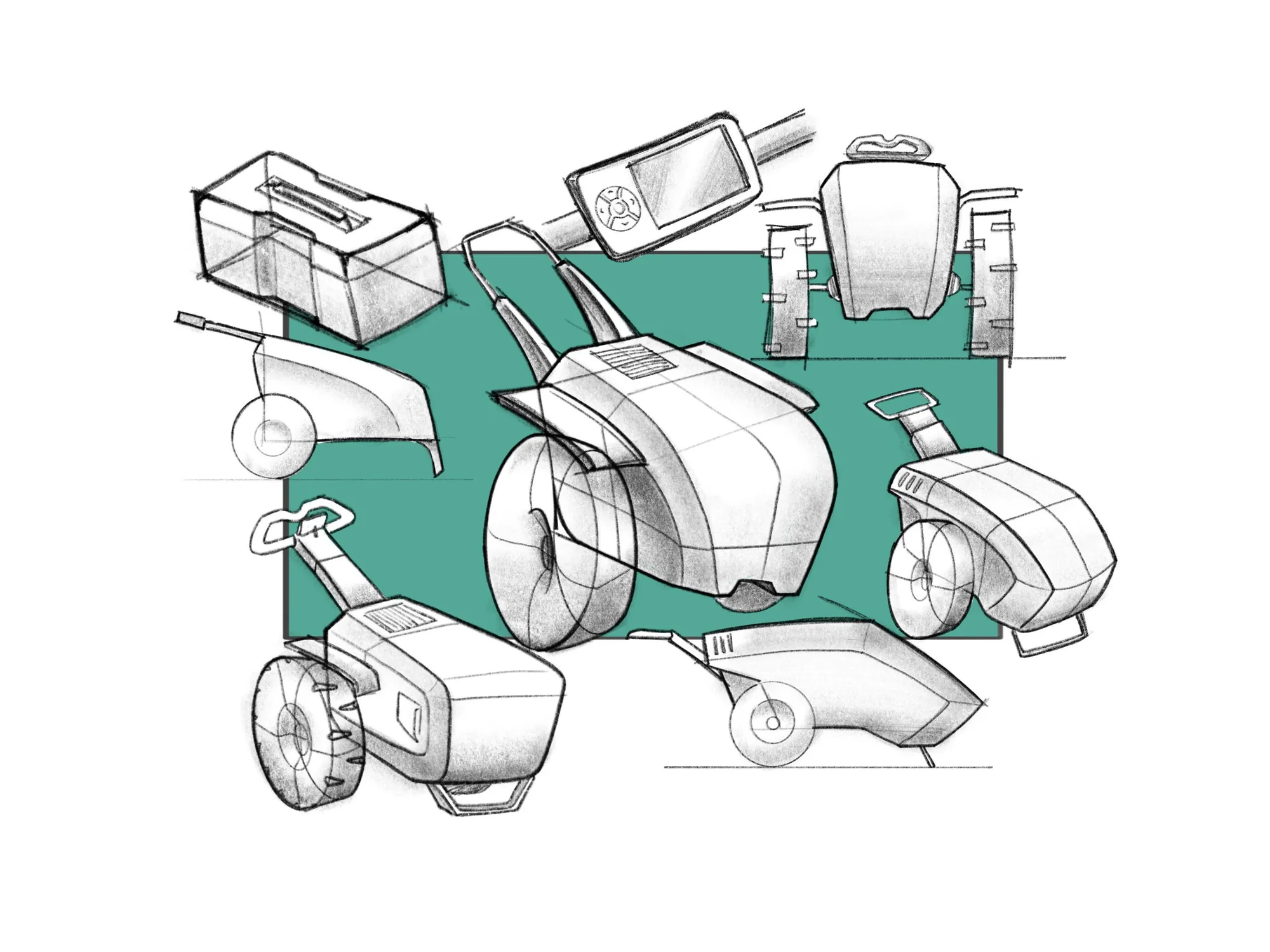 Ideation sketches of the electric tractor body, wheels, handlebars and control display on a teal block