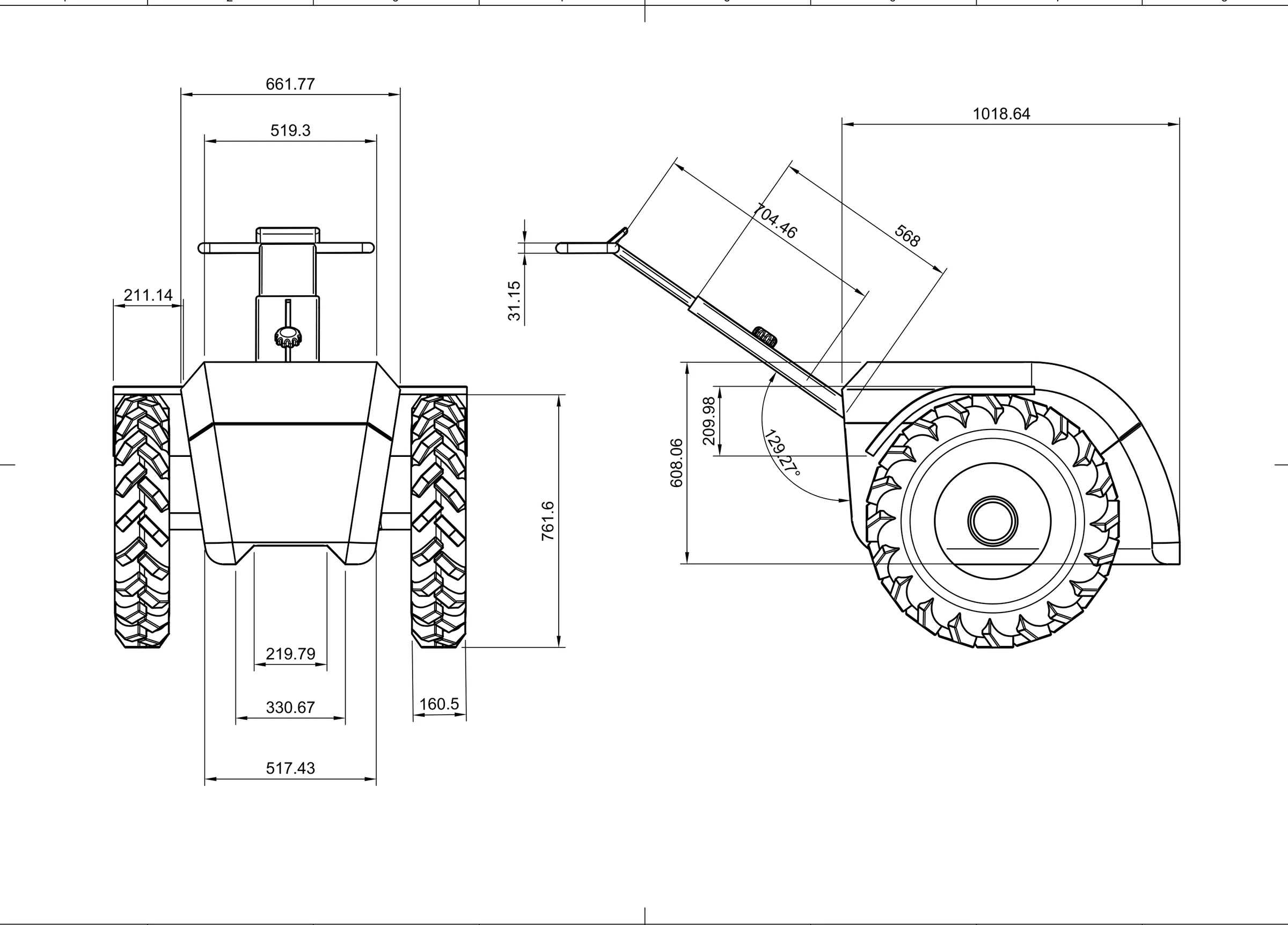 Dimensioned front and side drawing of the electric tractor, in millimetres