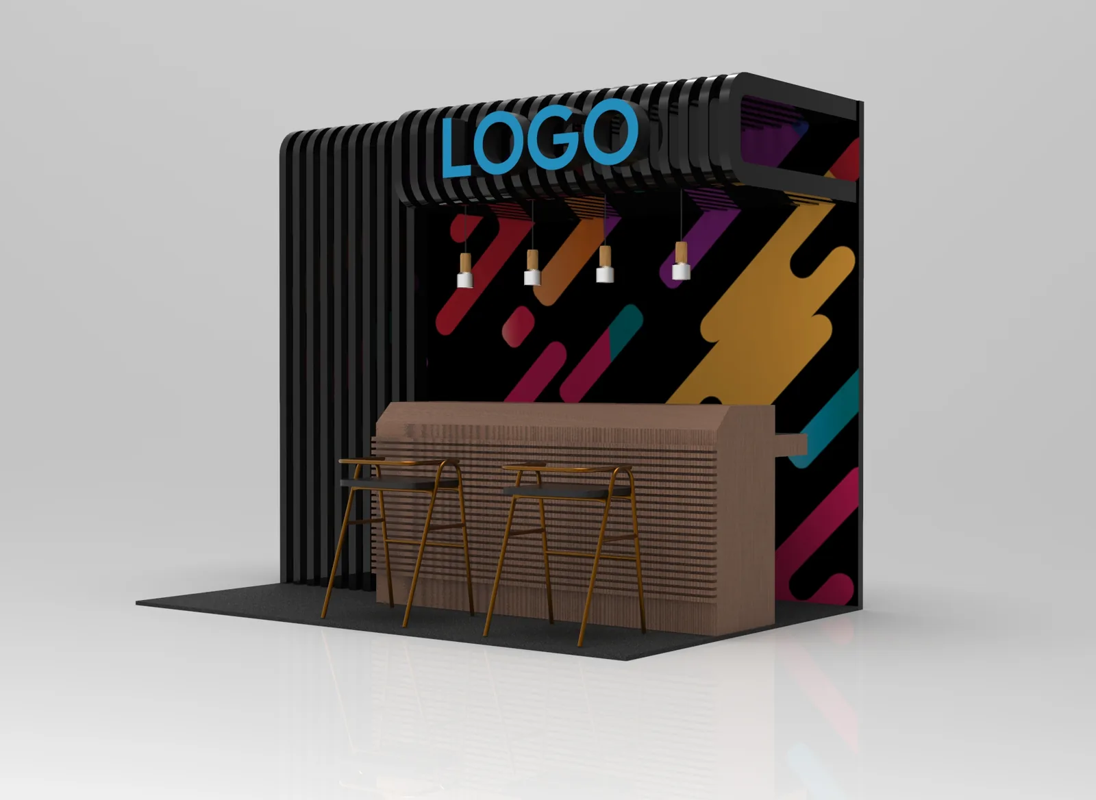 Angled view of the lounge booth showing the timber counter and stools