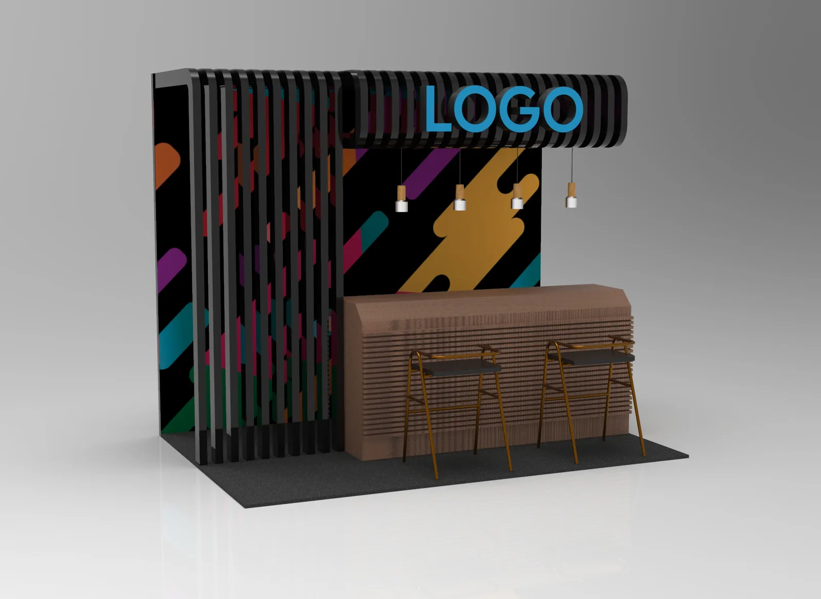 Front view of the lounge booth with slatted canopy, logo, pendant lights and timber bar