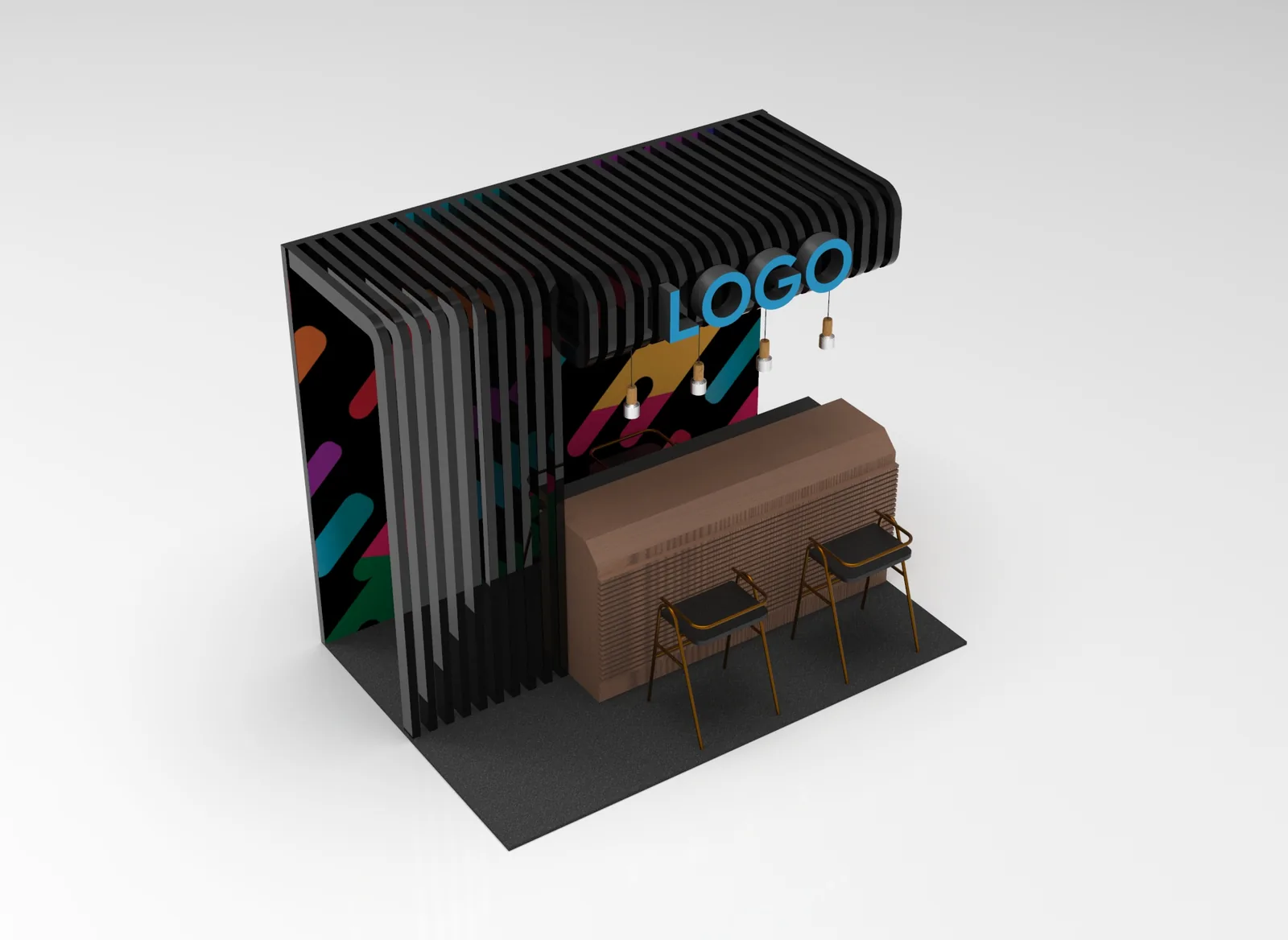 Lounge booth from a high three-quarter angle, showing the slats curving from wall to canopy