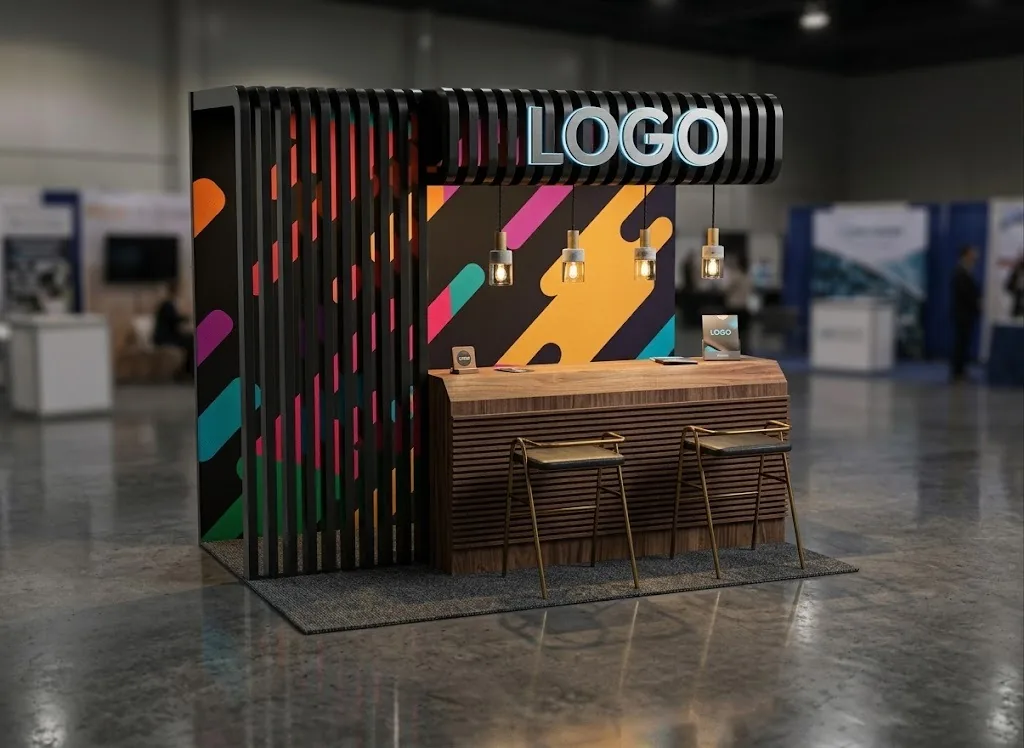 Booth with warm wood textures, slatted walls and pendant lights