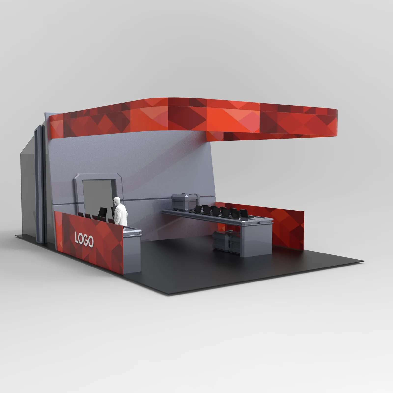 Side view of the tech stand showing the canopy and the angled back wall
