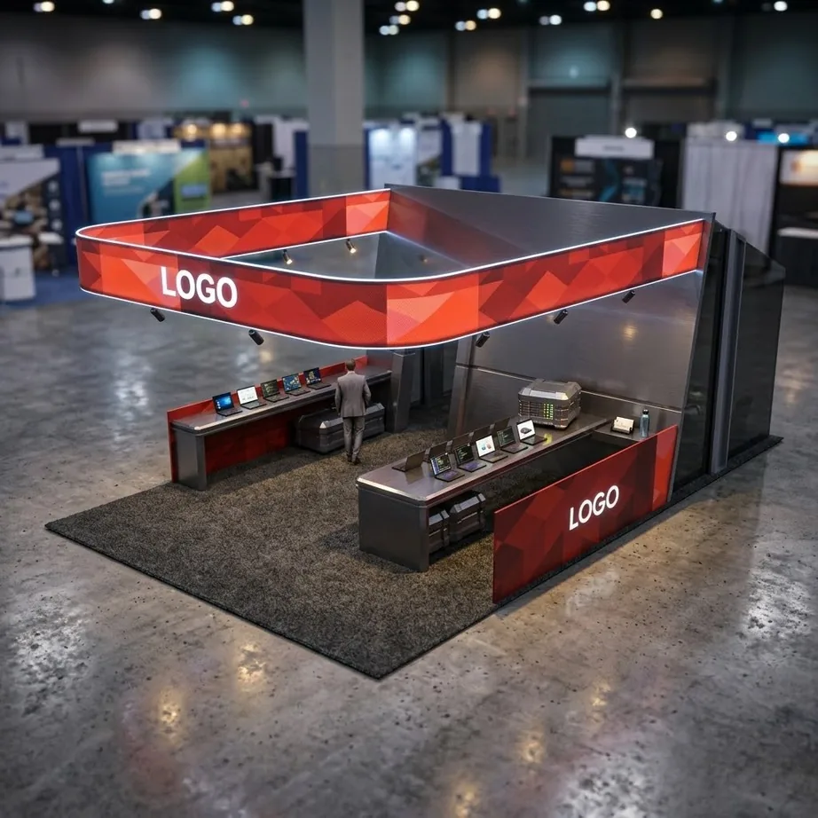 Tech and gaming stand with an angular red canopy and demo counters in an exhibition hall