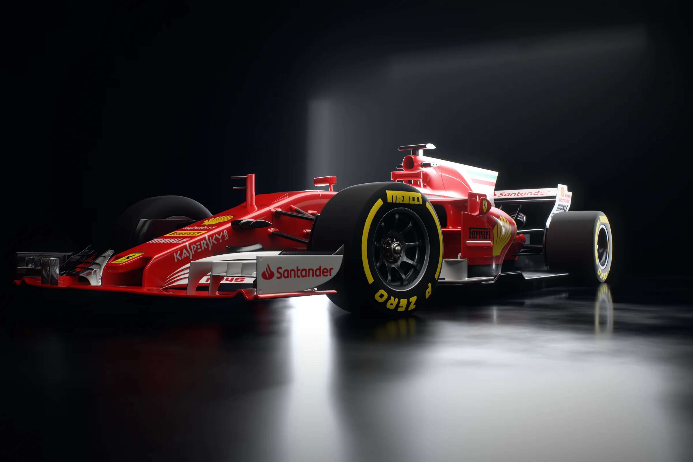 Red Formula 1 car on a dark reflective studio floor under a soft overhead light