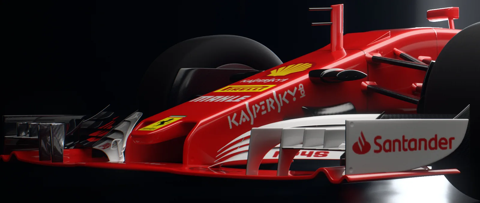 Detail of the front wing and nose with sponsor livery