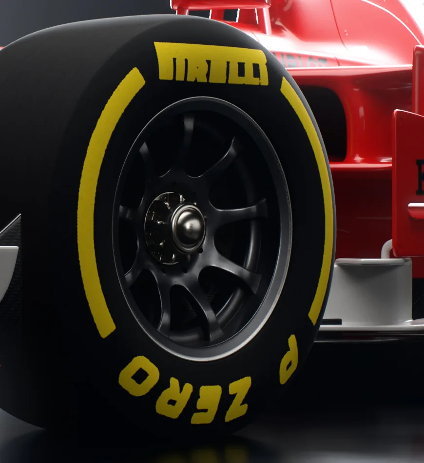Detail of the front tire with yellow sidewall lettering