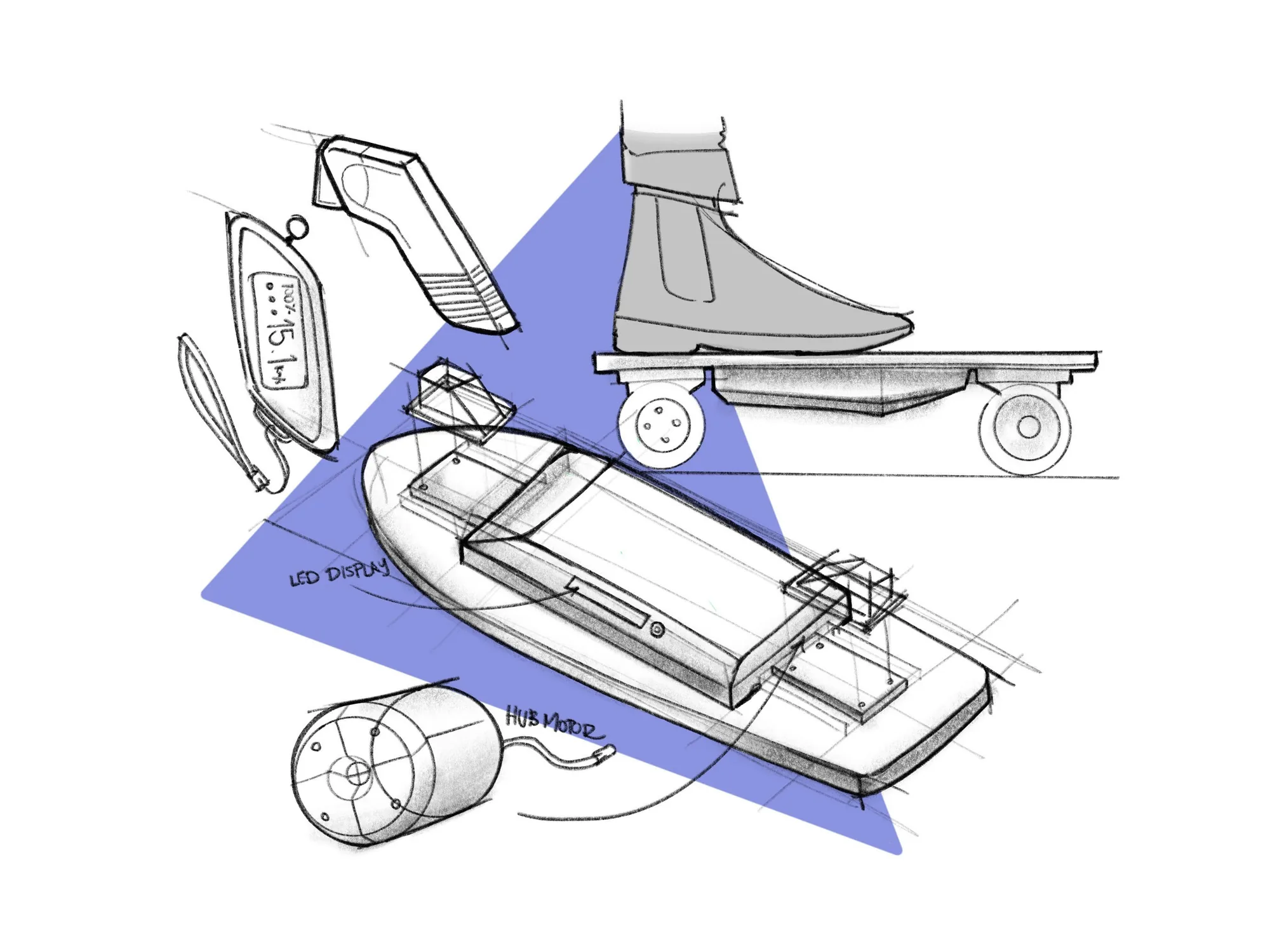 Ideation sketch of the electric skateboard with hub motor, LED display and remote on a purple triangle