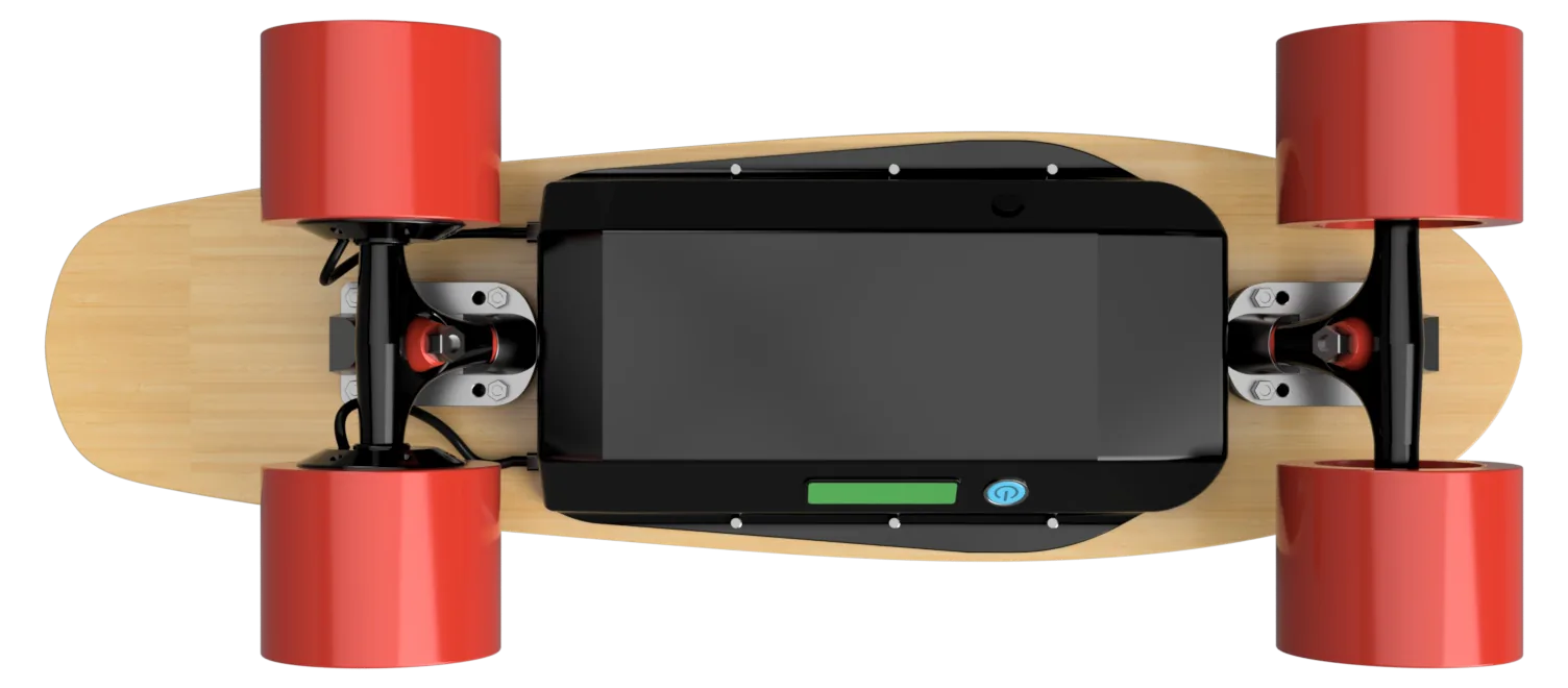 Top and underside of the board: bamboo deck, battery enclosure, hub motors and red wheels