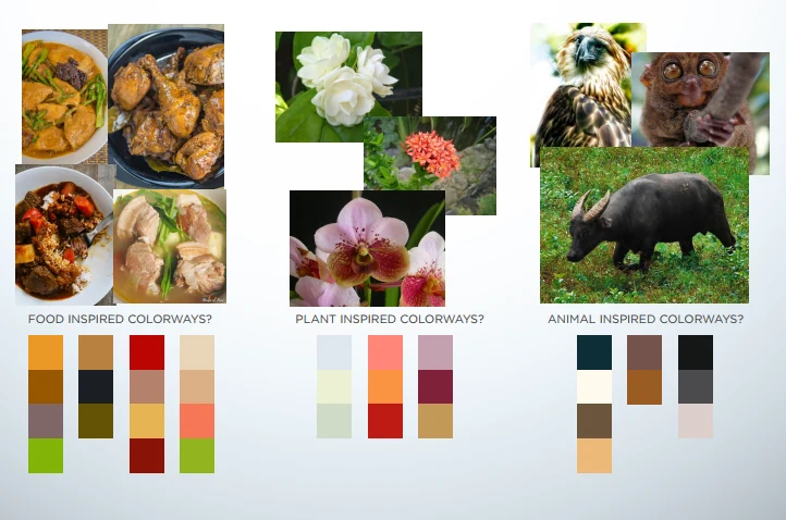 Mood board of food, plant and animal inspired colorway palettes