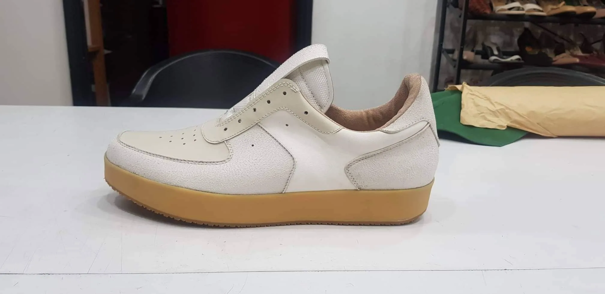 First PAMBA prototype in cream on a gum sole, side view