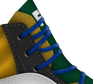 Close-up of royal blue laces over yellow and forest green panels