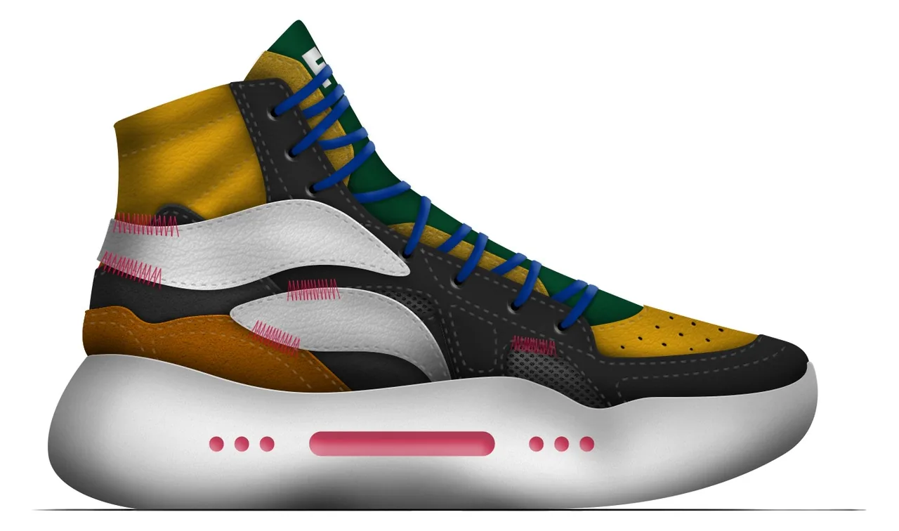 Basketball shoe render with a multicolor patchwork upper