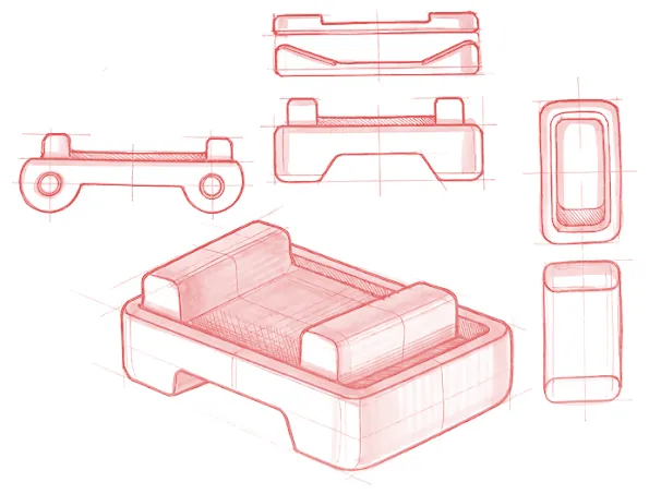 Red sketches of an earlier tray-style crimp trainer