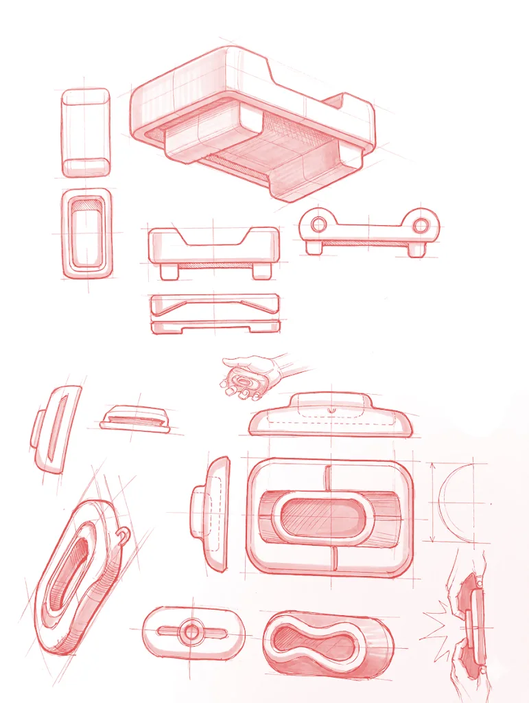 Sheet of red ideation sketches exploring the frame, inner track and snap-fit