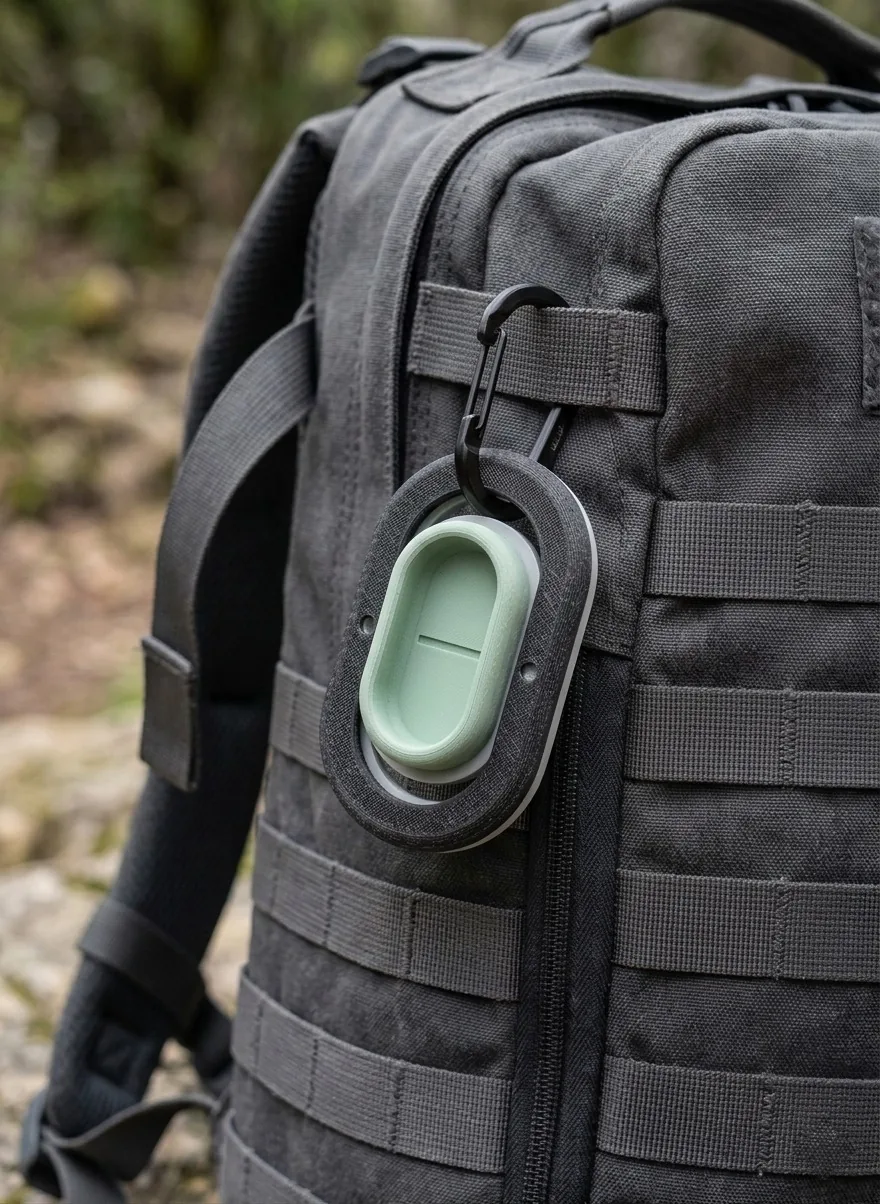 Mint Pocket Wrestler clipped to a black backpack with a carabiner
