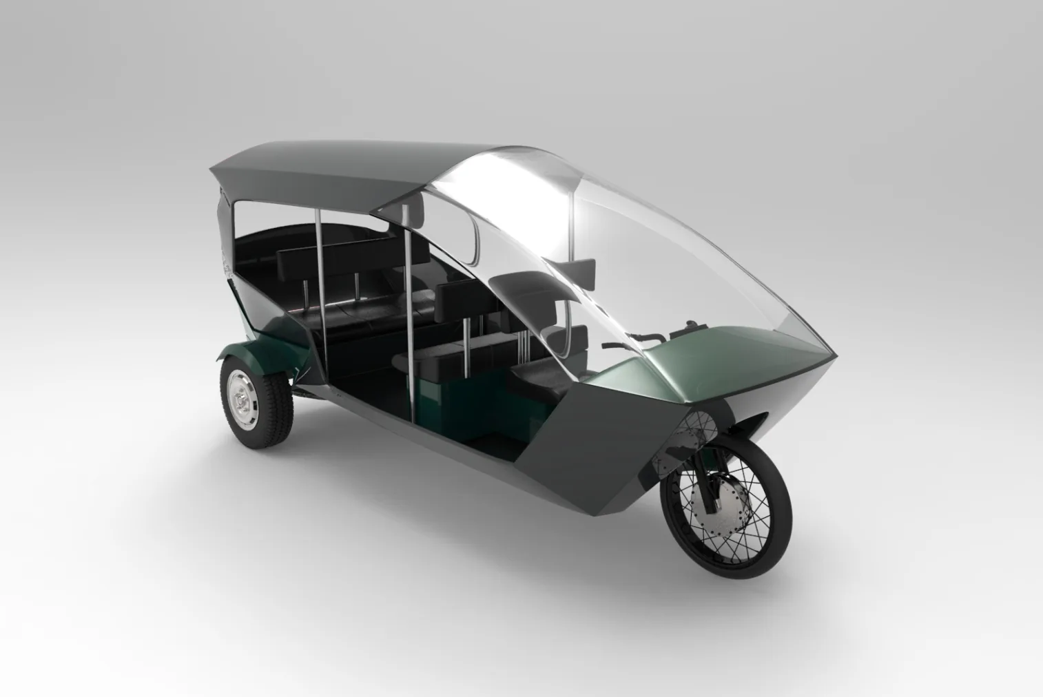 Front three-quarter render of the e-trike on white