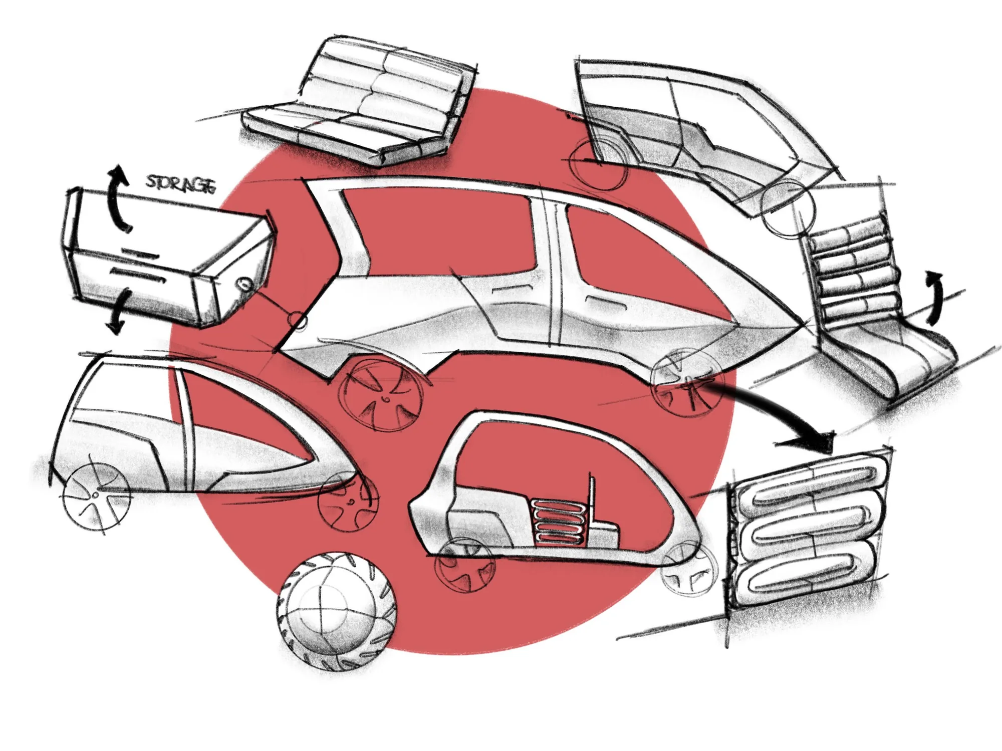 Ideation sketches of the e-trike body, seating and a storage compartment on a red circle