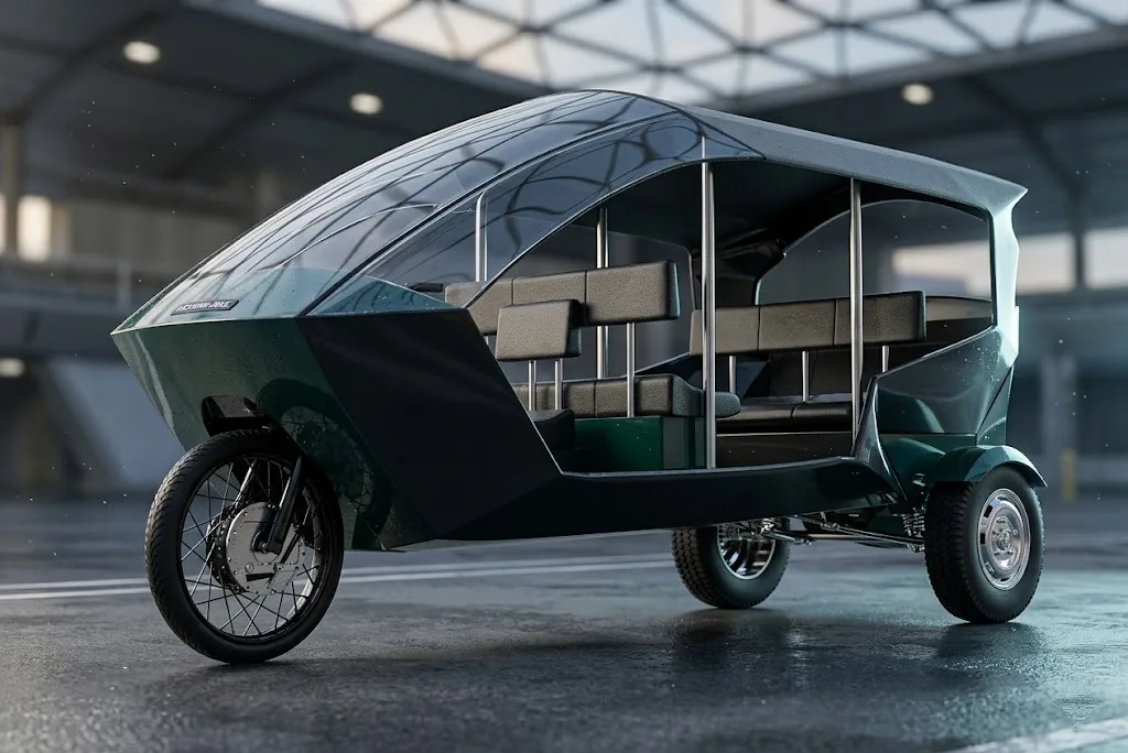Dark green faceted e-trike with a glass canopy in a parking structure