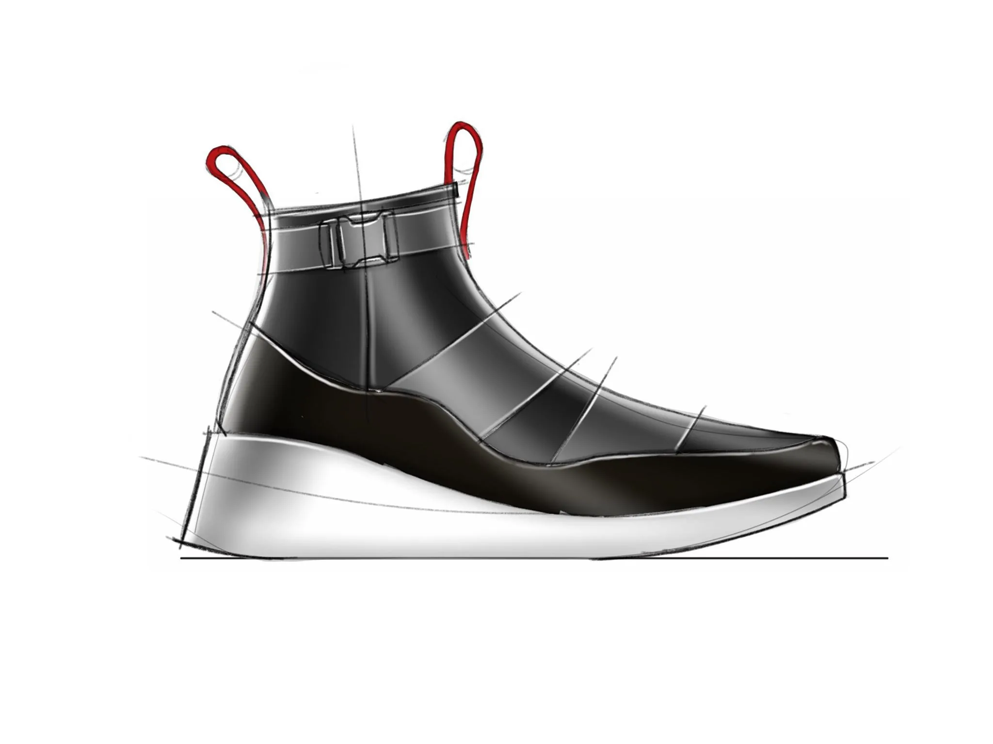 Marker sketch of the second prototype with red pull loops and a wedge sole