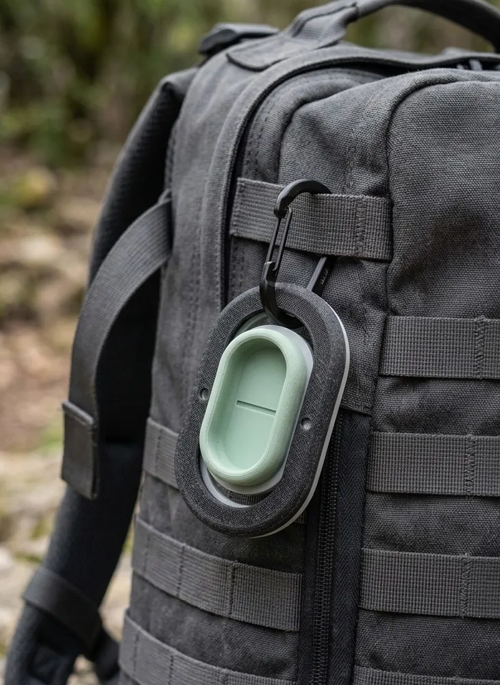 Pocket Wrestler clipped to a black backpack