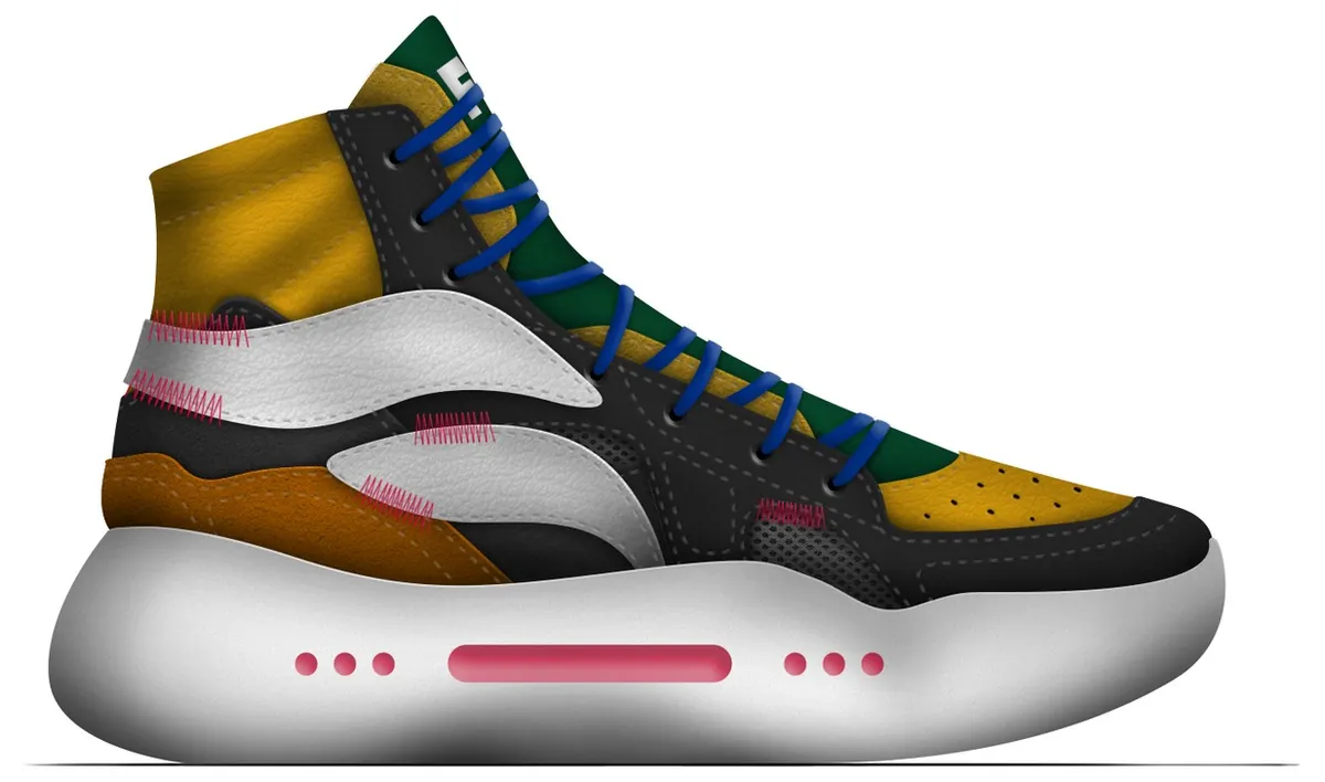 Basketball shoe render with a multicolor patchwork upper
