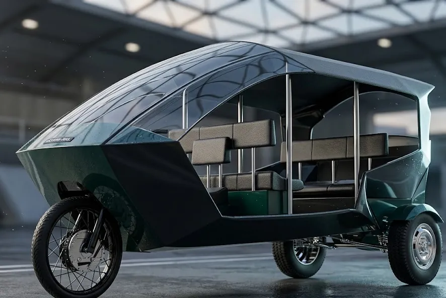 Dark green faceted e-trike with a glass canopy in a parking structure