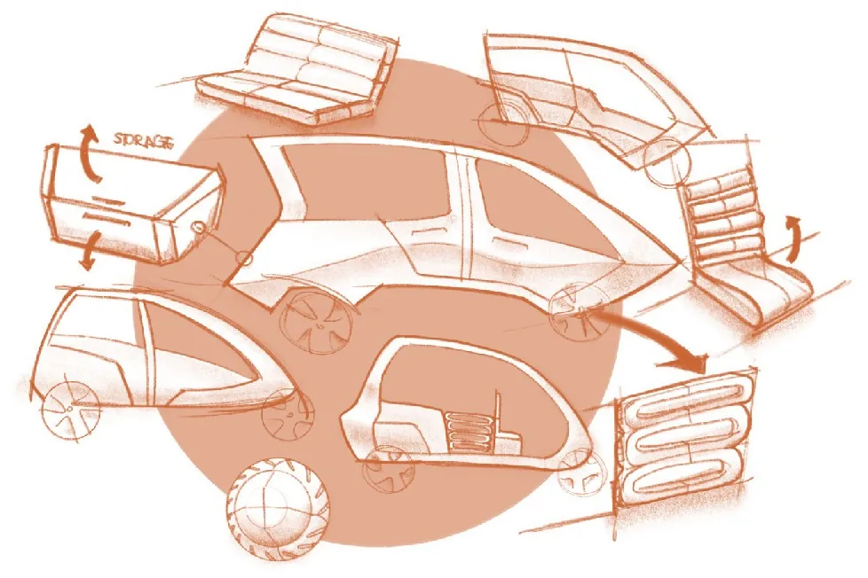 Orange ideation sketches of the e-trike body and cabin