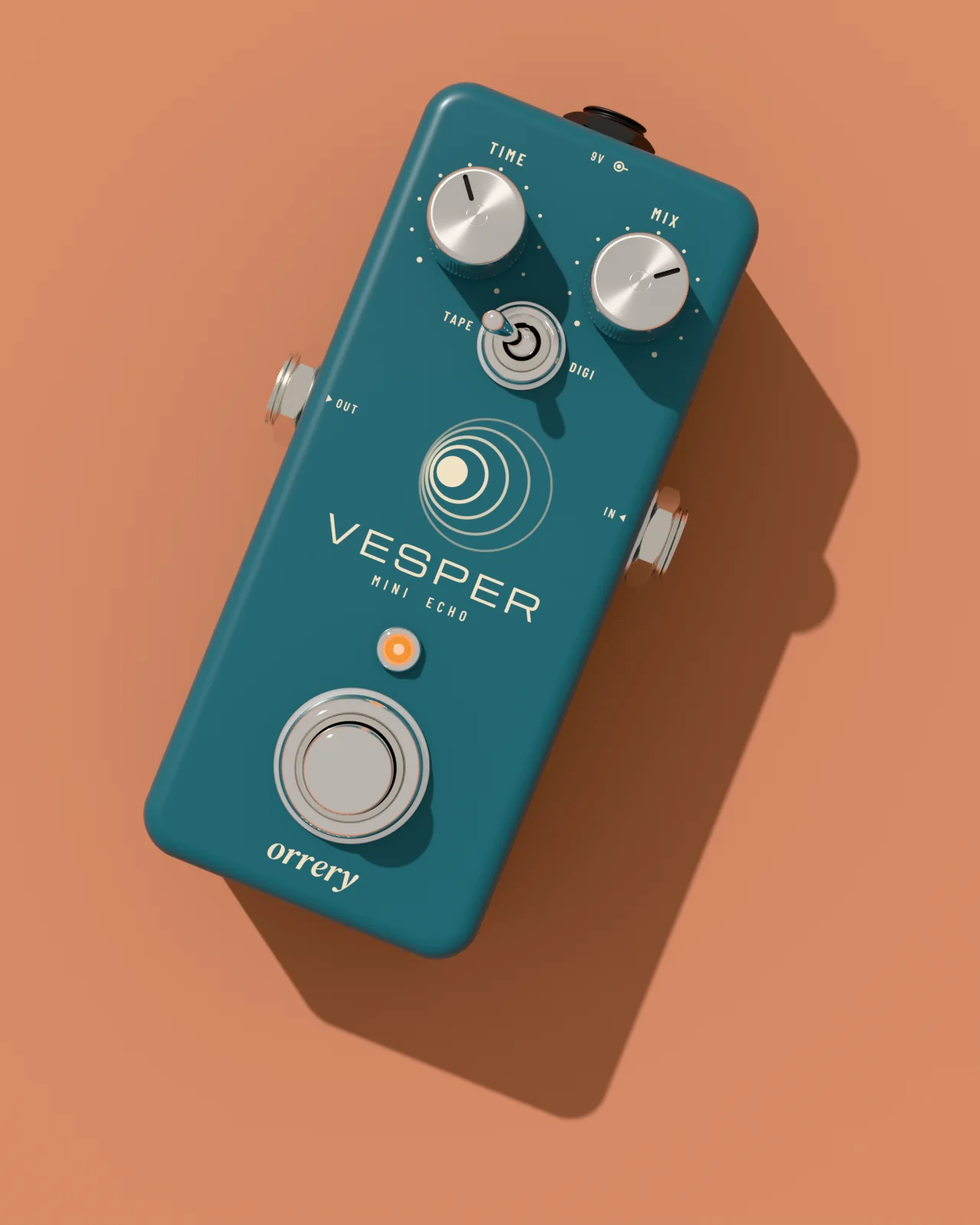 Teal Vesper pedal on a terracotta backdrop with a hard shadow