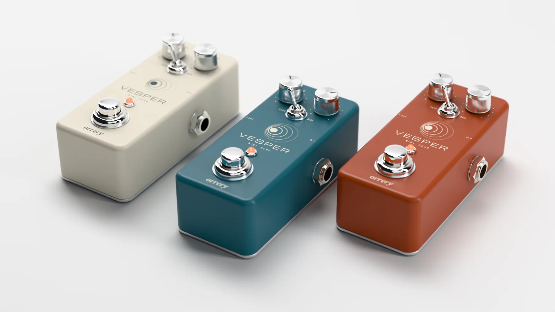 Three Vesper Mini Echo pedals in cream, teal and rust on a white studio floor