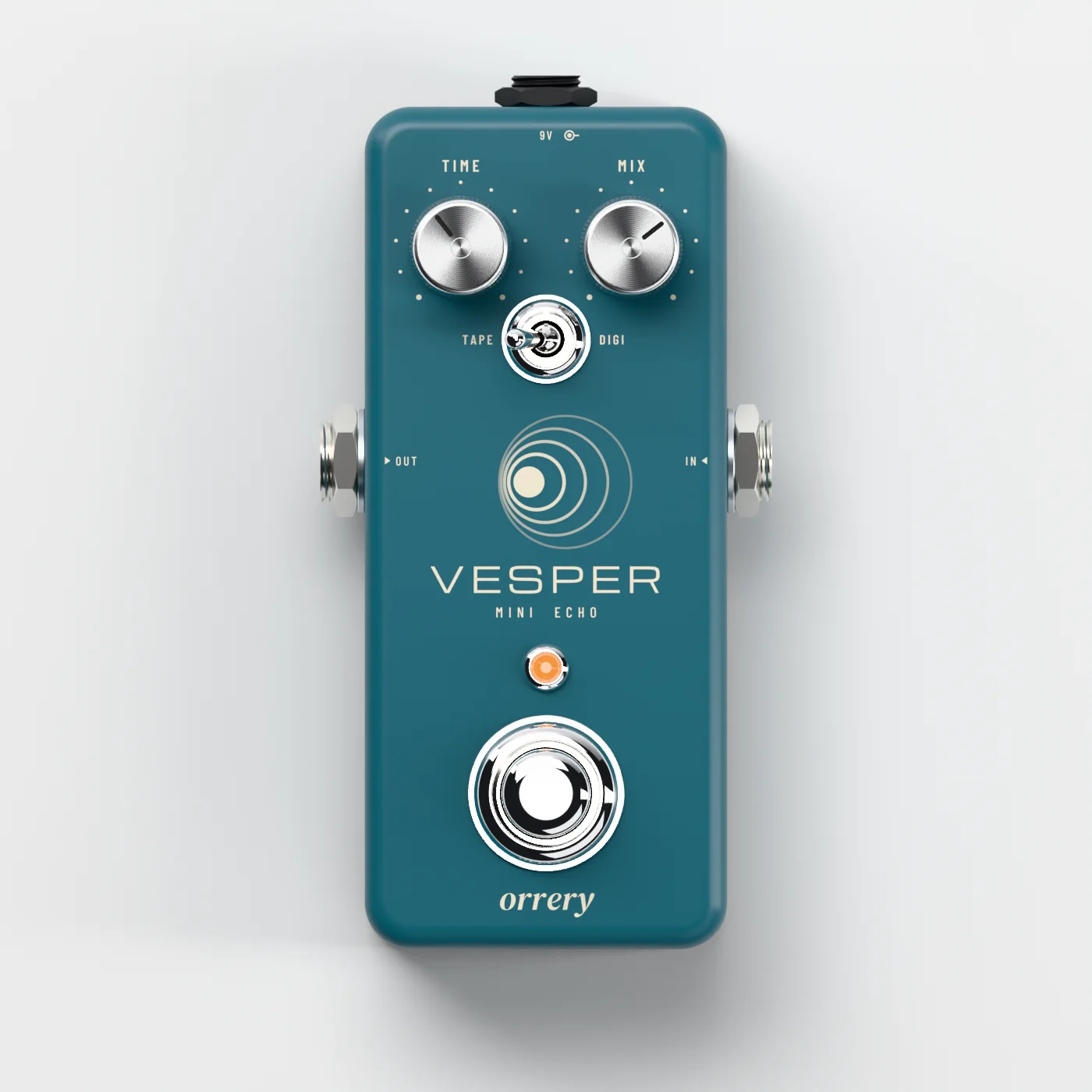 Teal Vesper pedal from directly above showing the Time and Mix knobs
